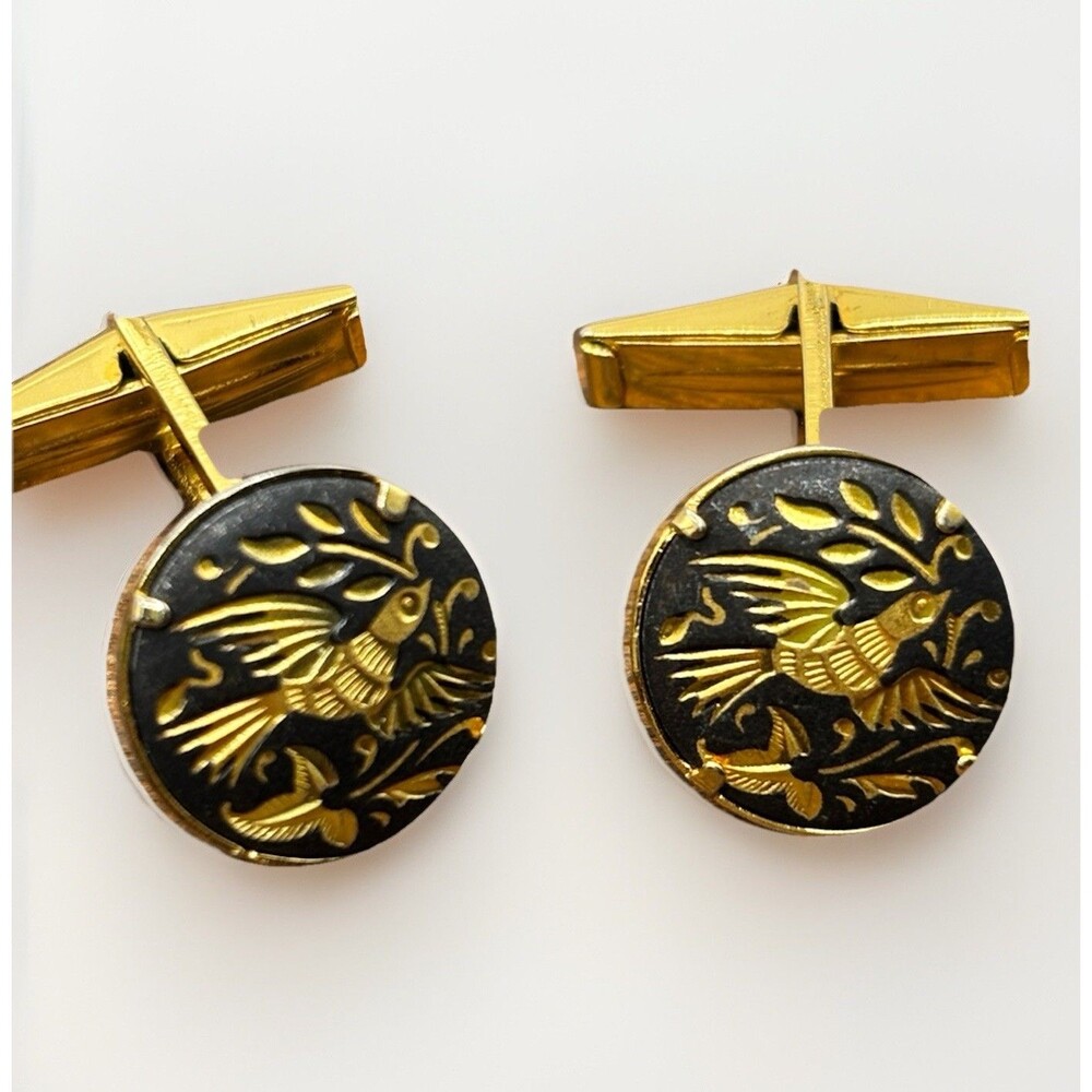 Vintage Spanish Damascene Cufflinks Toledo 24k Gold Inlay Bird Motif Mid Century